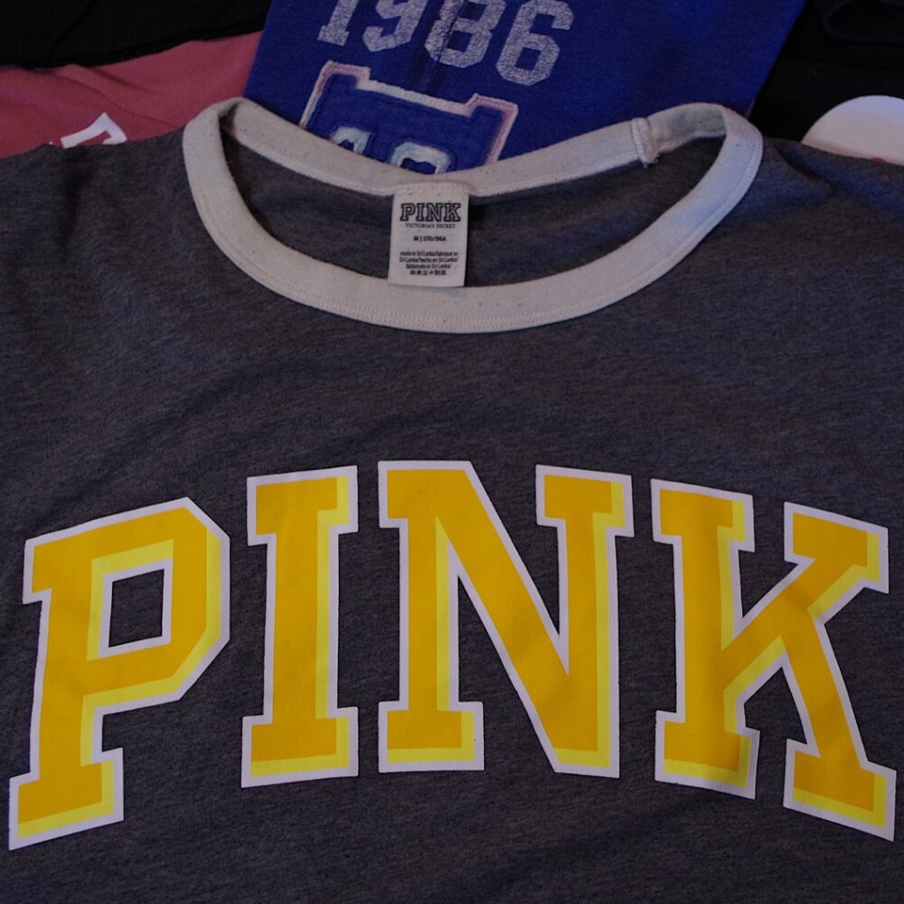 VS PINK Gray Yellow Logo Ringer Tee - Picture 4 of 5